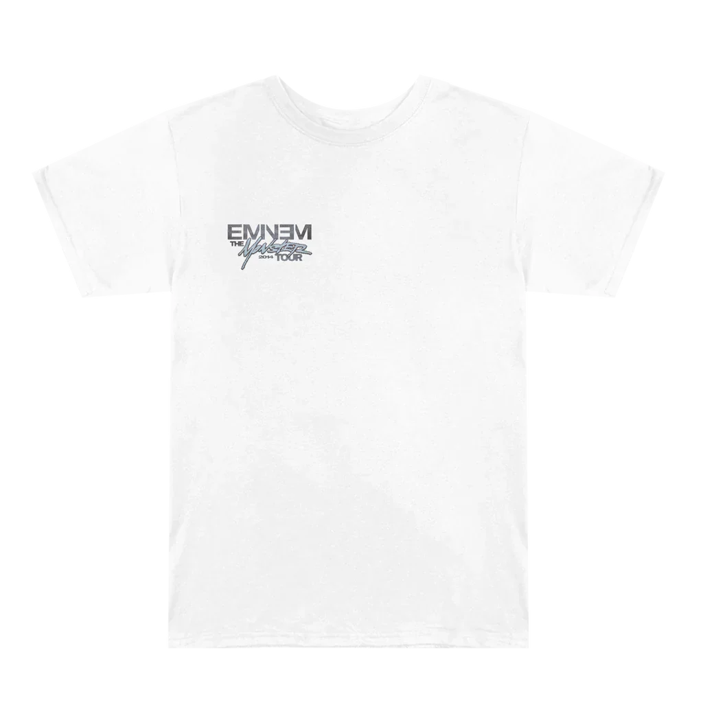 Front of the white Eminem Monster Tour T-shirt with small Eminem Monster Tour chest logo