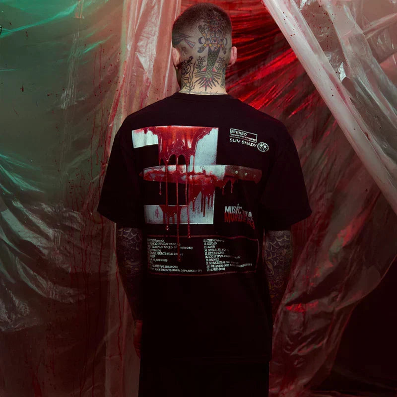 Back of the black Eminem MTBMB 5 Year Anniversary T-shirt with dripping red artwork