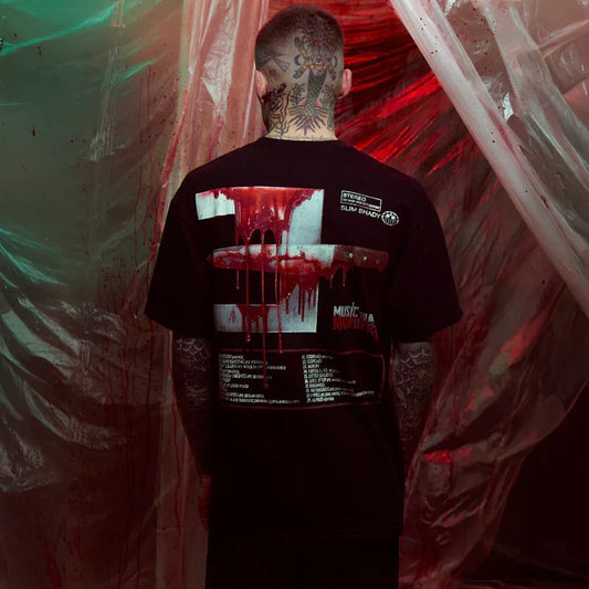 Back of the black Eminem MTBMB 5 Year Anniversary T-shirt with dripping red artwork