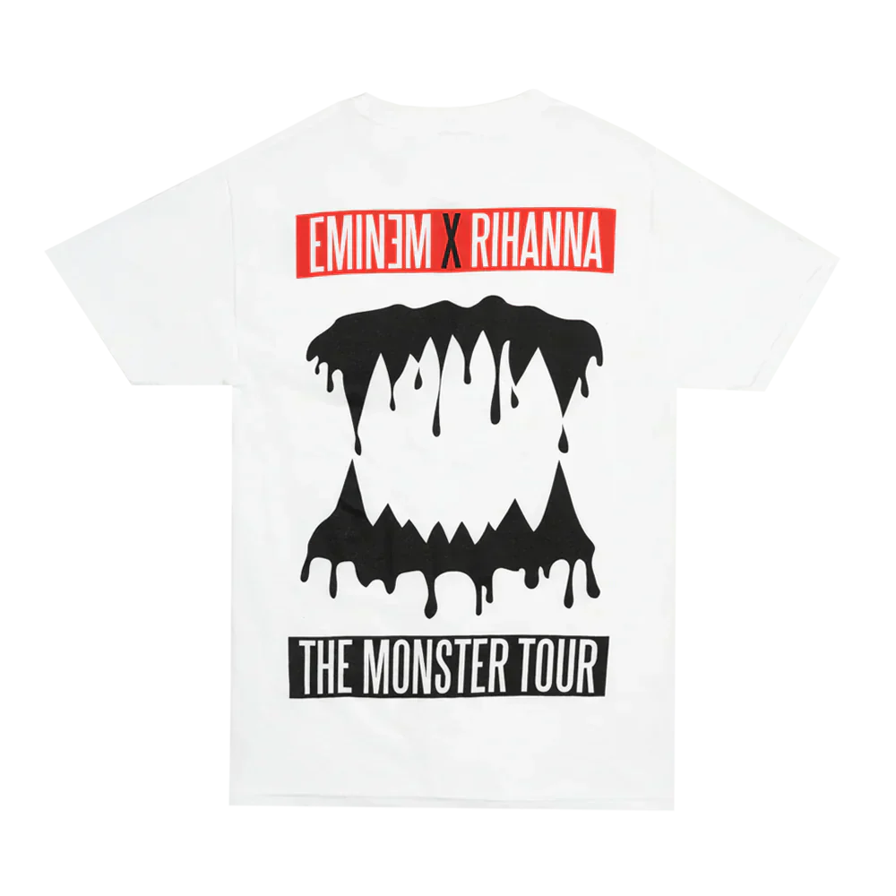 White Eminem x Rihanna Monster Tour T-shirt with dripping teeth grin graphic