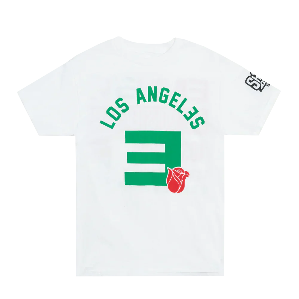 Back of the white Eminem Rose Bowl event T-shirt with green Los Angeles arc and E logo