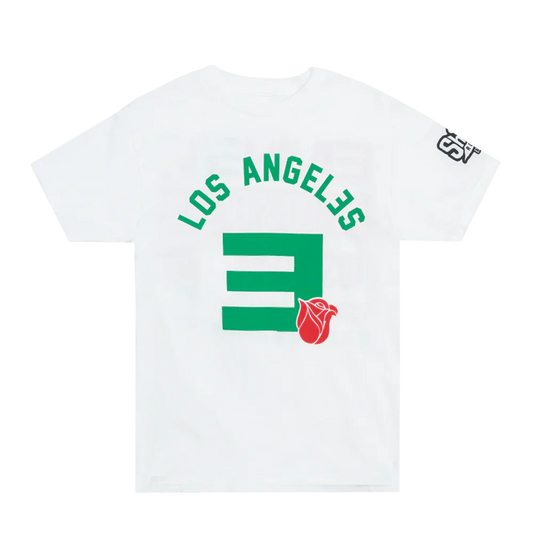 Back of the white Eminem Rose Bowl event T-shirt with green Los Angeles arc and E logo