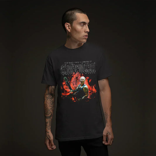Man wearing the washed black Eminem Shady Chainsaw T-shirt with red horror graphic