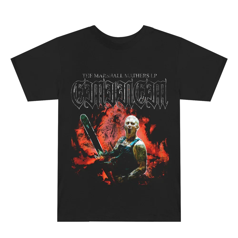 Washed black Eminem Shady Chainsaw T-shirt flat lay with chainsaw horror artwork
