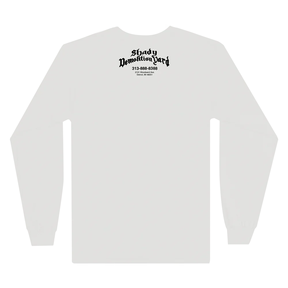 Back of the white Eminem Shady Demolition Yard long sleeve with small logo print