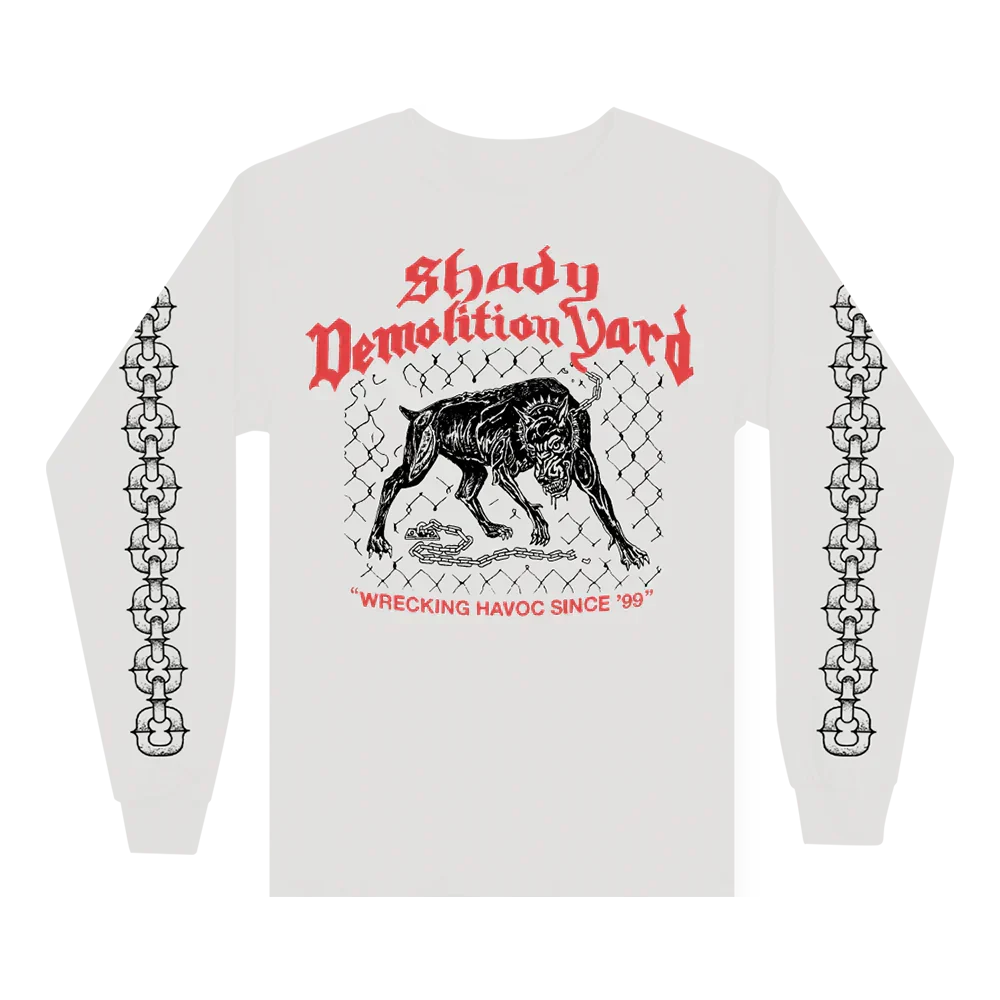 Front of the white Eminem Junkyard Dog long sleeve with red lettering and dog graphic
