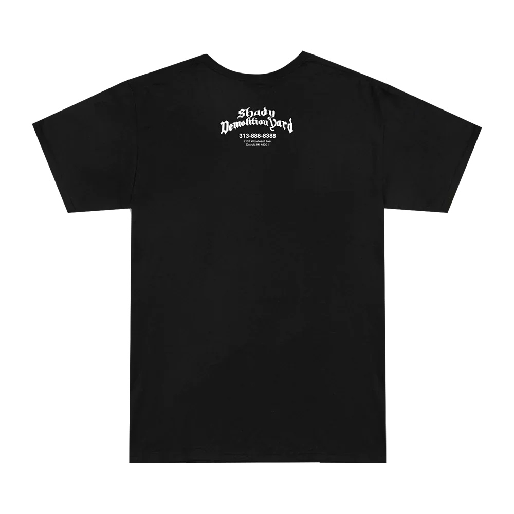 Back of the black Eminem Junkyard Dog T-shirt with small Shady Demolition Yard logo