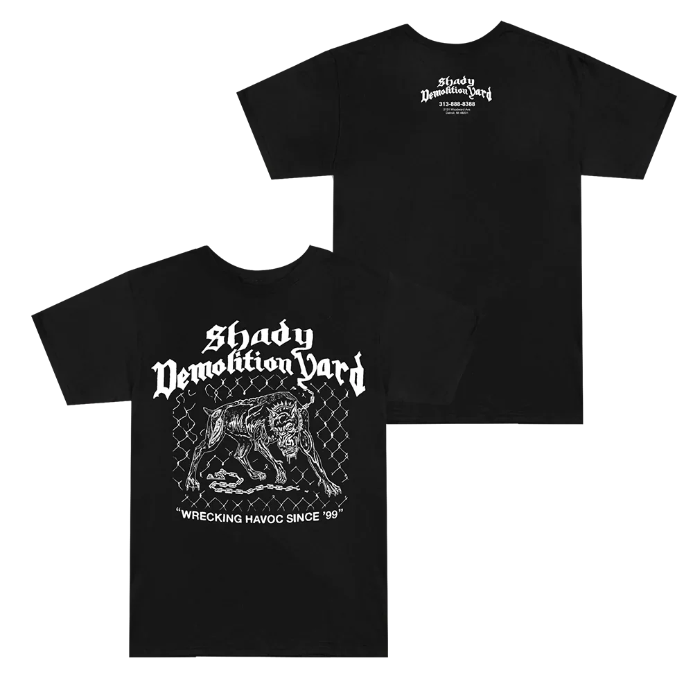 Black Eminem Junkyard Dog T-shirt front and back flat lay with guard dog artwork