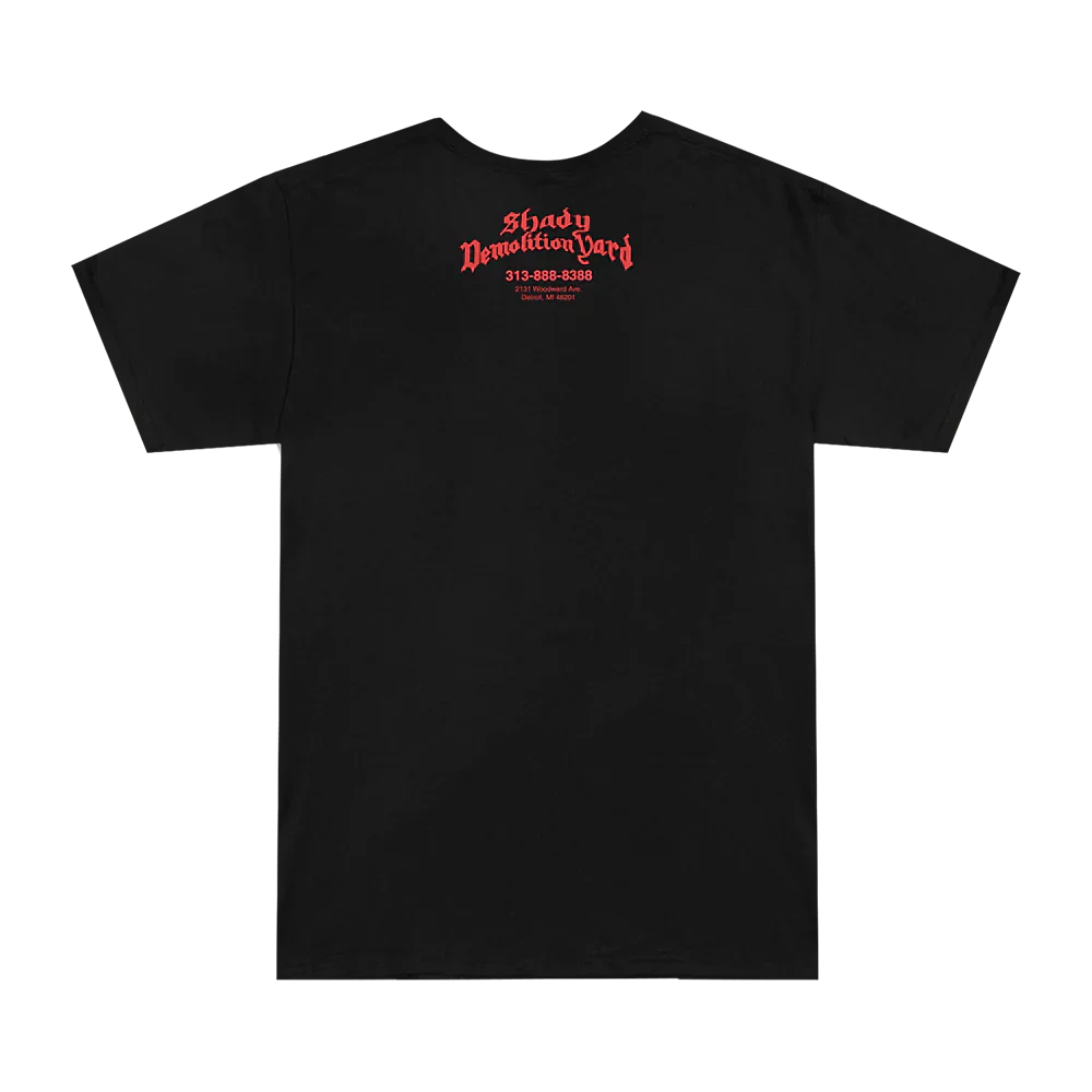 Back of the black Eminem Shady Demolition Logo T-shirt with small red chest print