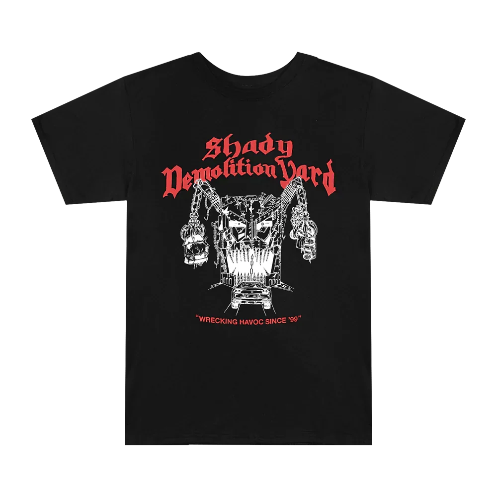 Front of the black Eminem Shady Demolition Yard T-shirt with red lettering and crane art