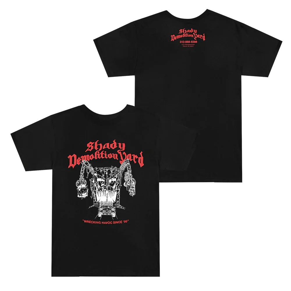 Black Eminem Shady Demolition Logo T-shirt front and back flat lay with machinery art