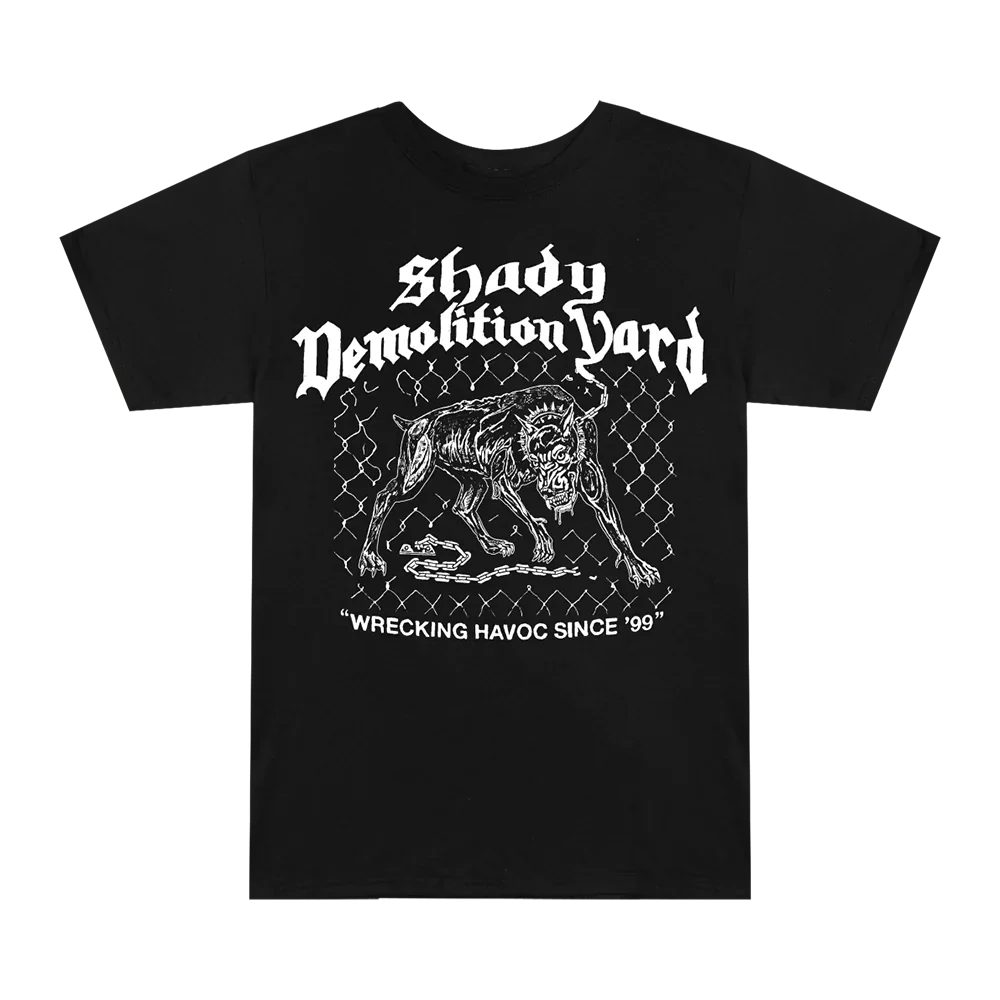 Front of the black Eminem Junkyard Dog T-shirt with Wrecking Havoc Since 99 print