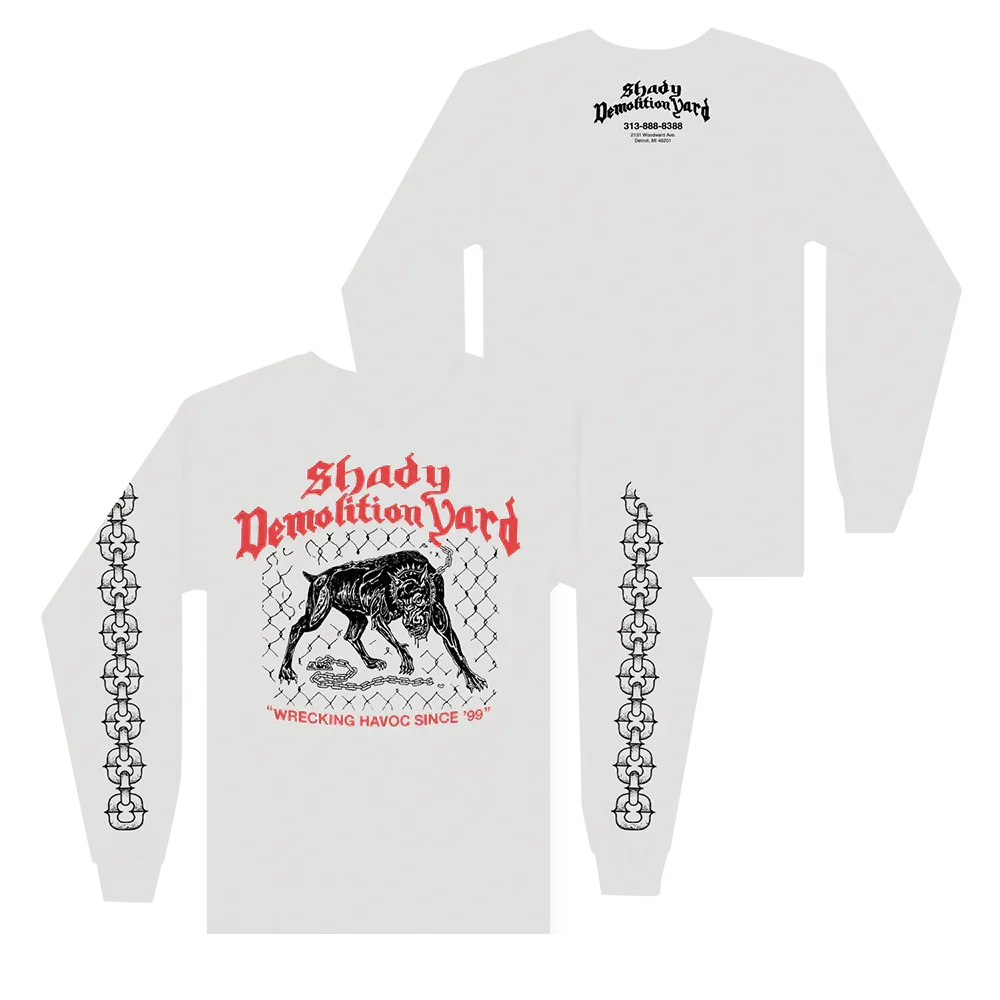 White Eminem Junkyard Dog long sleeve front and back flat lay with chain-link sleeves