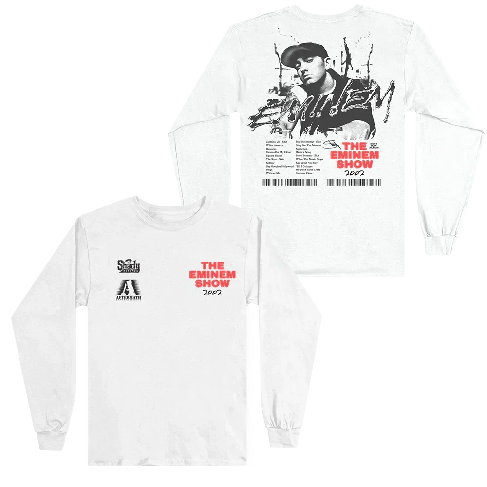 White Eminem Show long sleeve front and back flat lay with portrait and red type