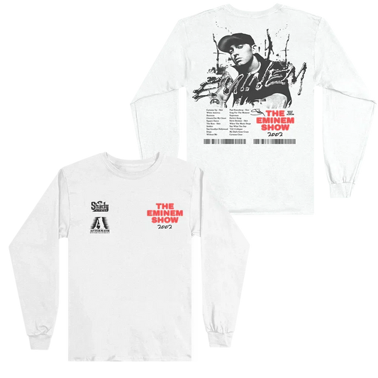White Eminem Show long sleeve front and back flat lay with portrait and red type