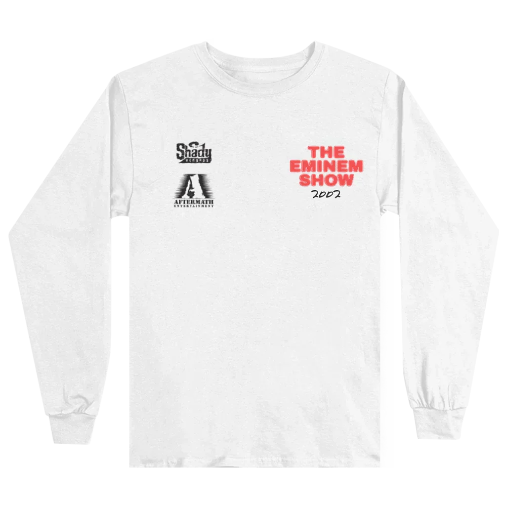 Front of the white Eminem Show long sleeve with red The Eminem Show chest print