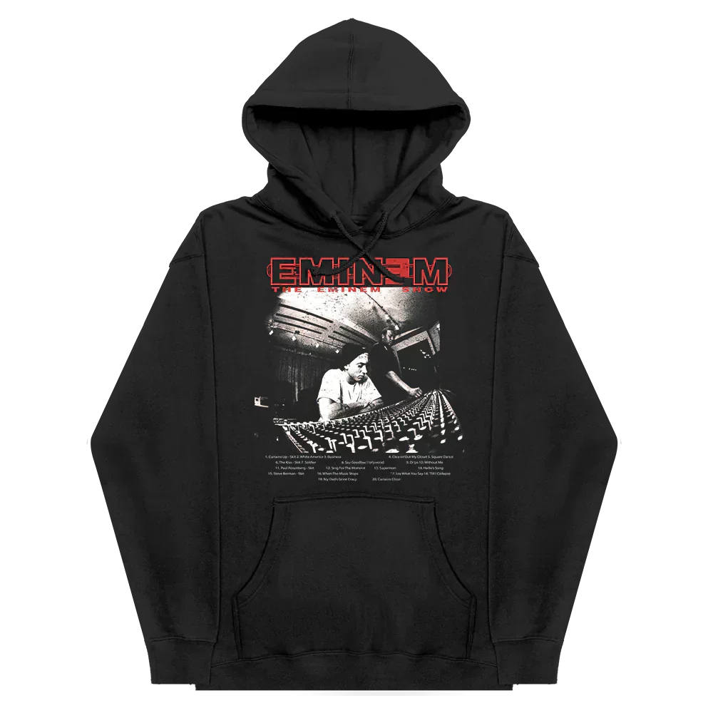 Black Eminem Show Studio hoodie flat lay with red logo and mixing desk photo print