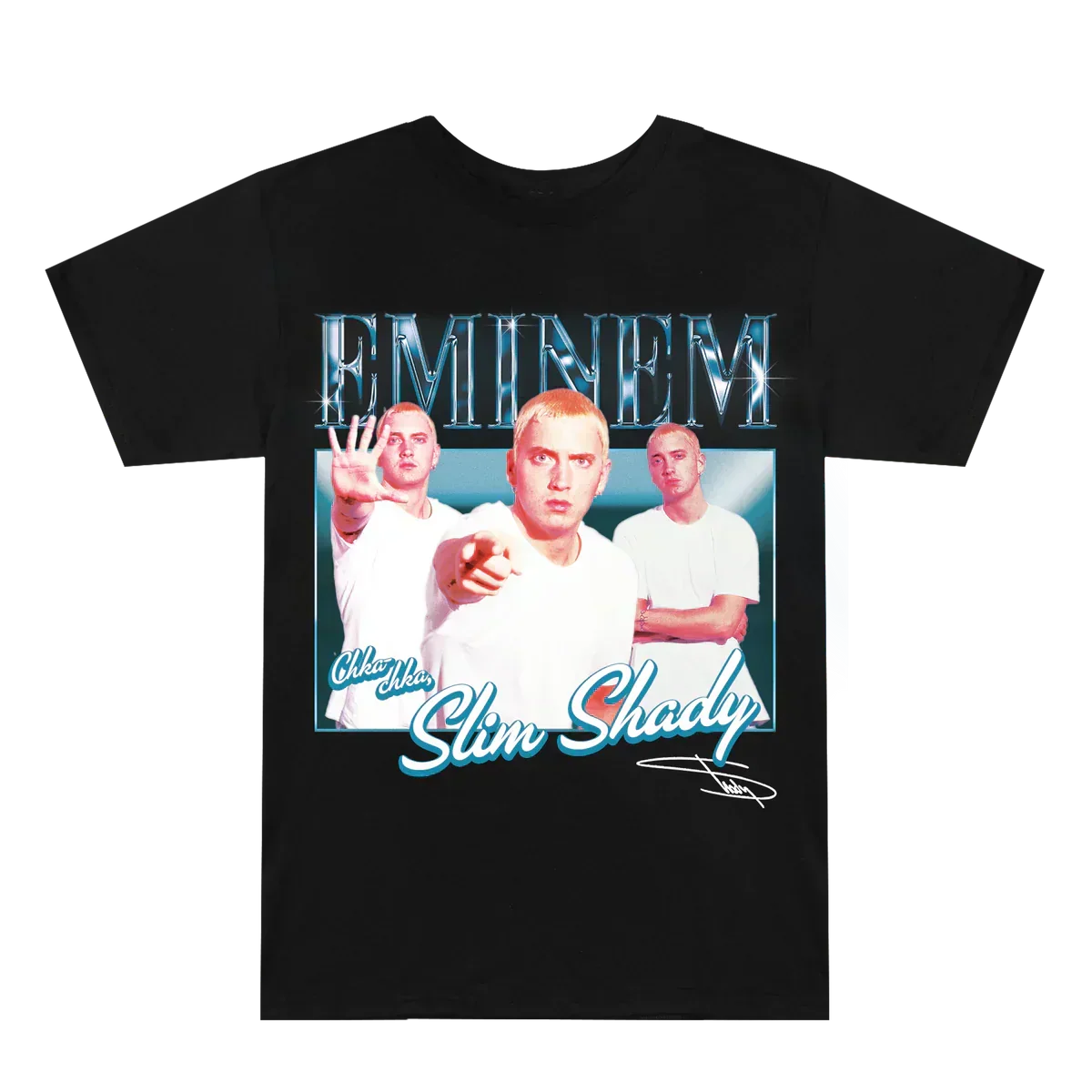 Black Eminem SSLP25 Bootleg T-shirt flat lay with bootleg-style photo collage print