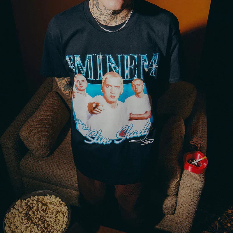 Close-up of the Eminem SSLP25 Bootleg T-shirt print with blue-toned portraits