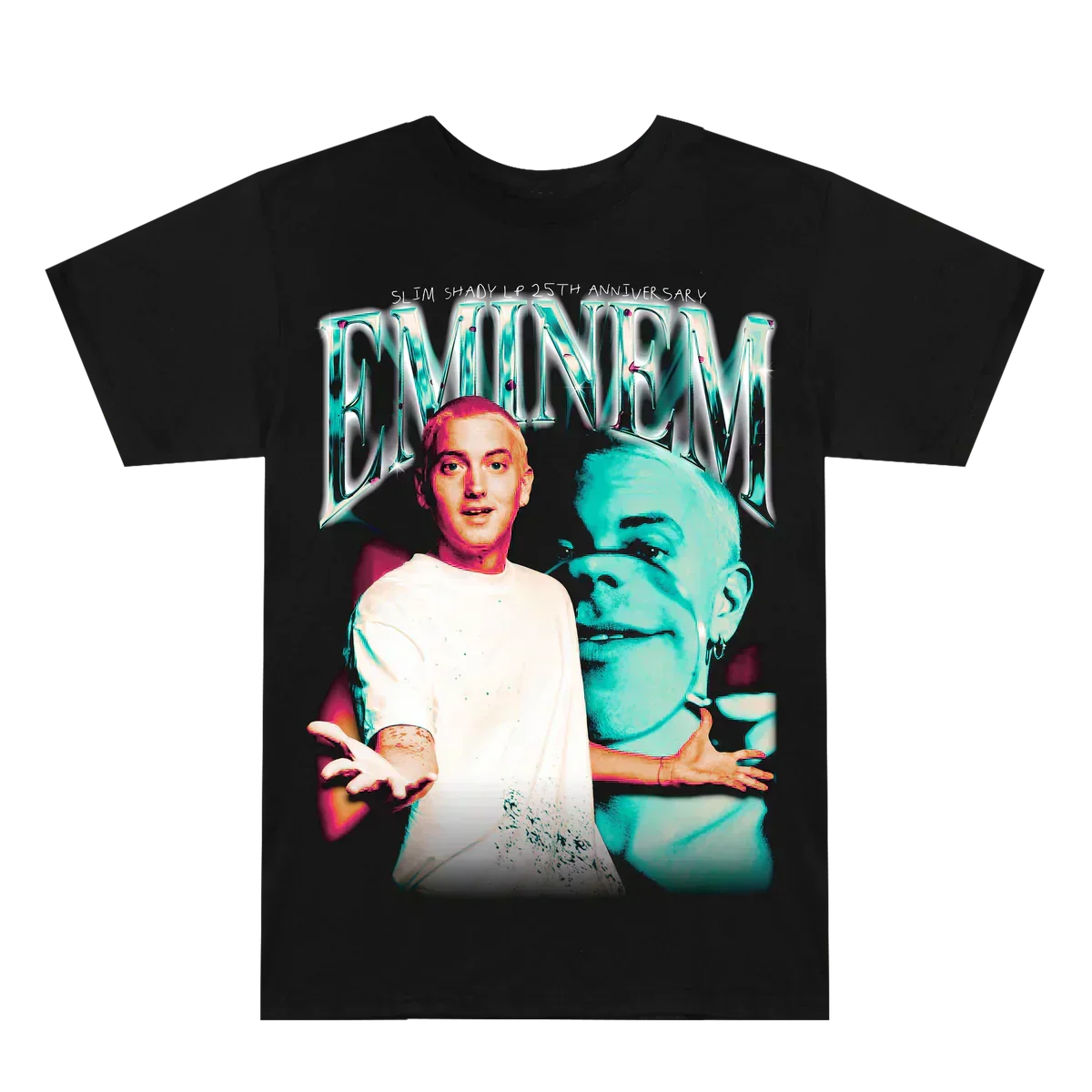 Black Eminem SSLP25 Chrome T-shirt flat lay with chrome Eminem logo and photo print