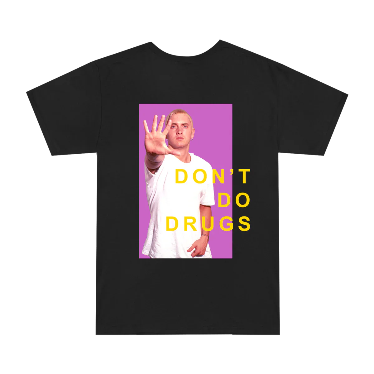 Back of the black Eminem SSLP25 PSA T-shirt with purple Don't Do Drugs graphic