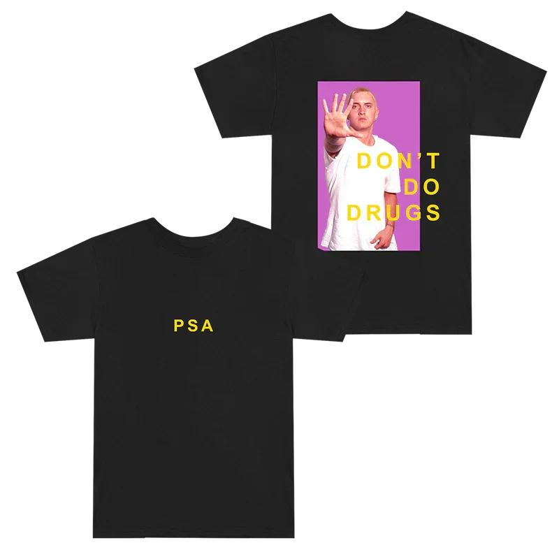 Black Eminem SSLP25 PSA T-shirt front and back flat lay with yellow PSA chest print