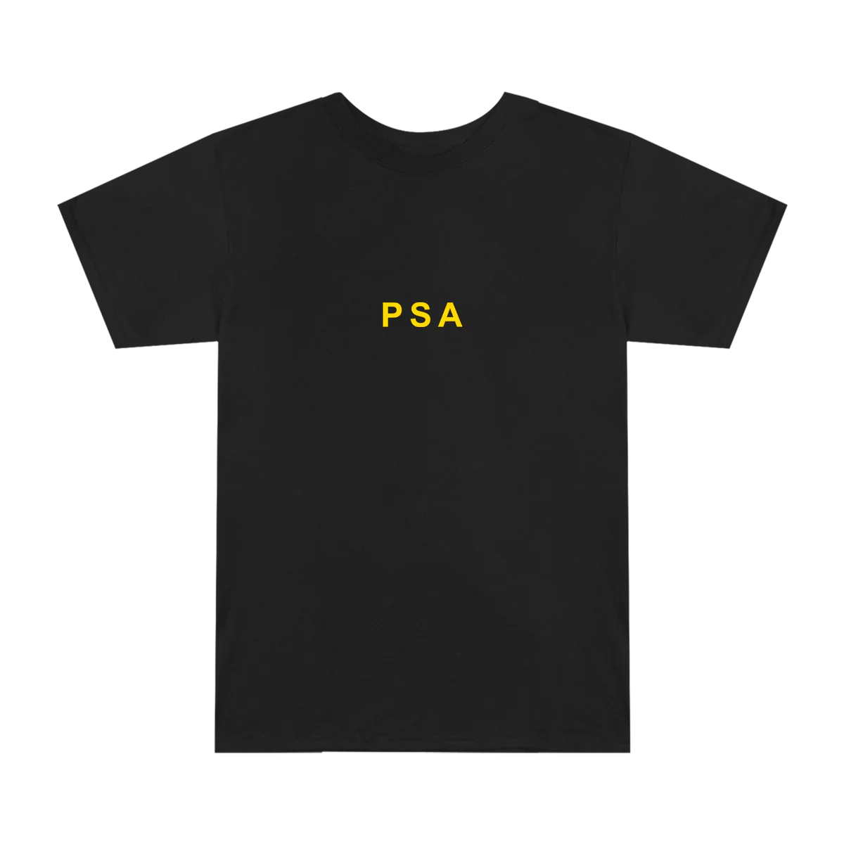Front of the black Eminem SSLP25 PSA T-shirt with small yellow PSA lettering