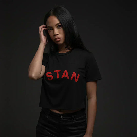 Woman wearing the black Eminem Stan cropped T-shirt with red graffiti lettering