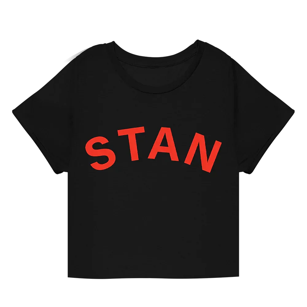 Black Eminem Stan cropped T-shirt flat lay with red Stan graffiti lettering