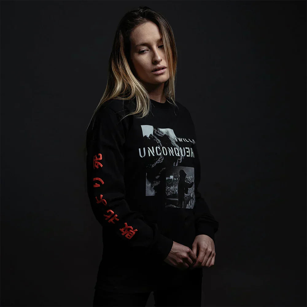Side view of the black Eminem Unconquered long sleeve shirt showing the red kanji sleeve print