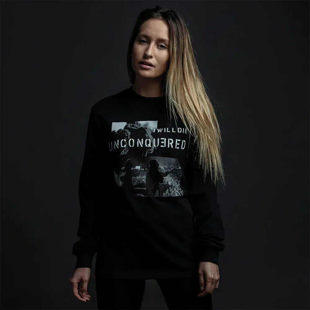 Woman in the black Eminem Unconquered long sleeve shirt with grayscale photo chest panel