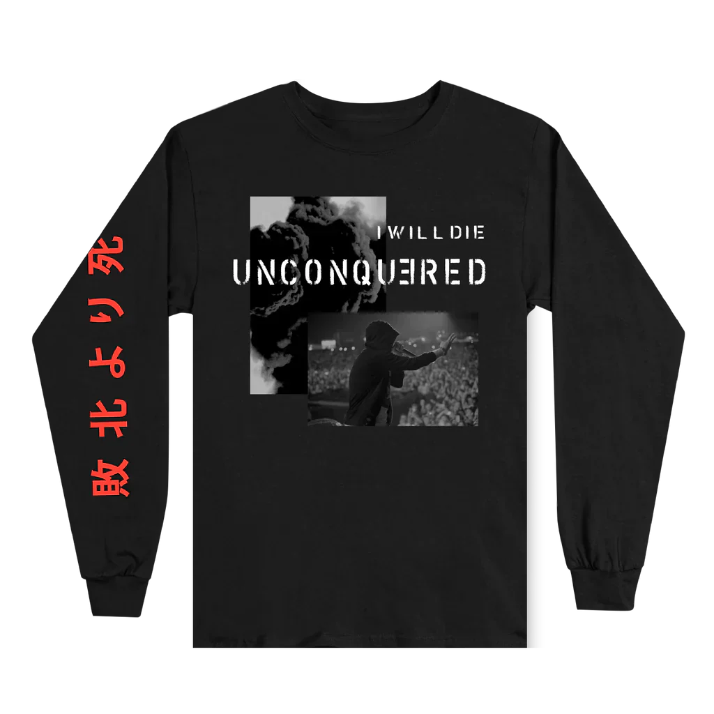 Black Eminem Unconquered long sleeve shirt laid flat, I Will Die Unconquered photo print