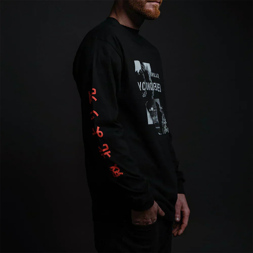 Red kanji sleeve print detail on the black Eminem Unconquered long sleeve shirt
