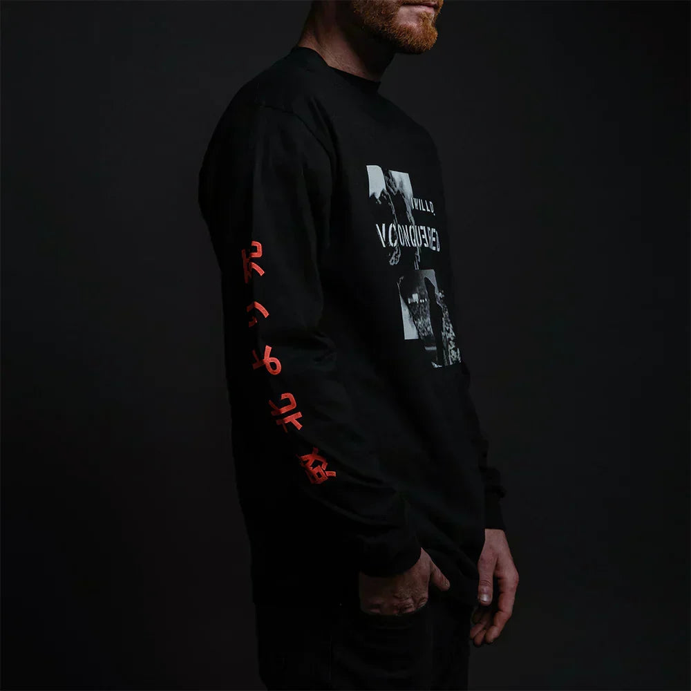 Sleeve detail of the black Eminem Unconquered long sleeve showing red Japanese lettering
