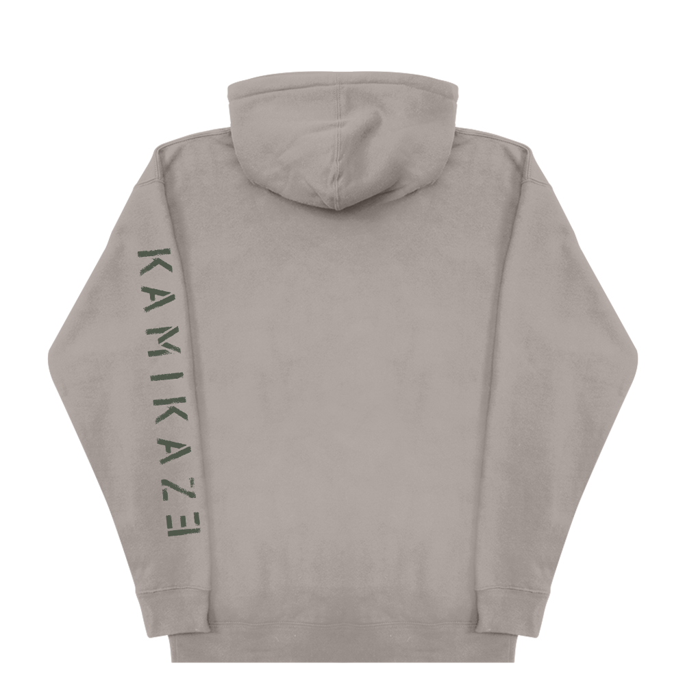 Back of the grey Eminem Kamikaze Mask hoodie with vertical Kamikaze sleeve print