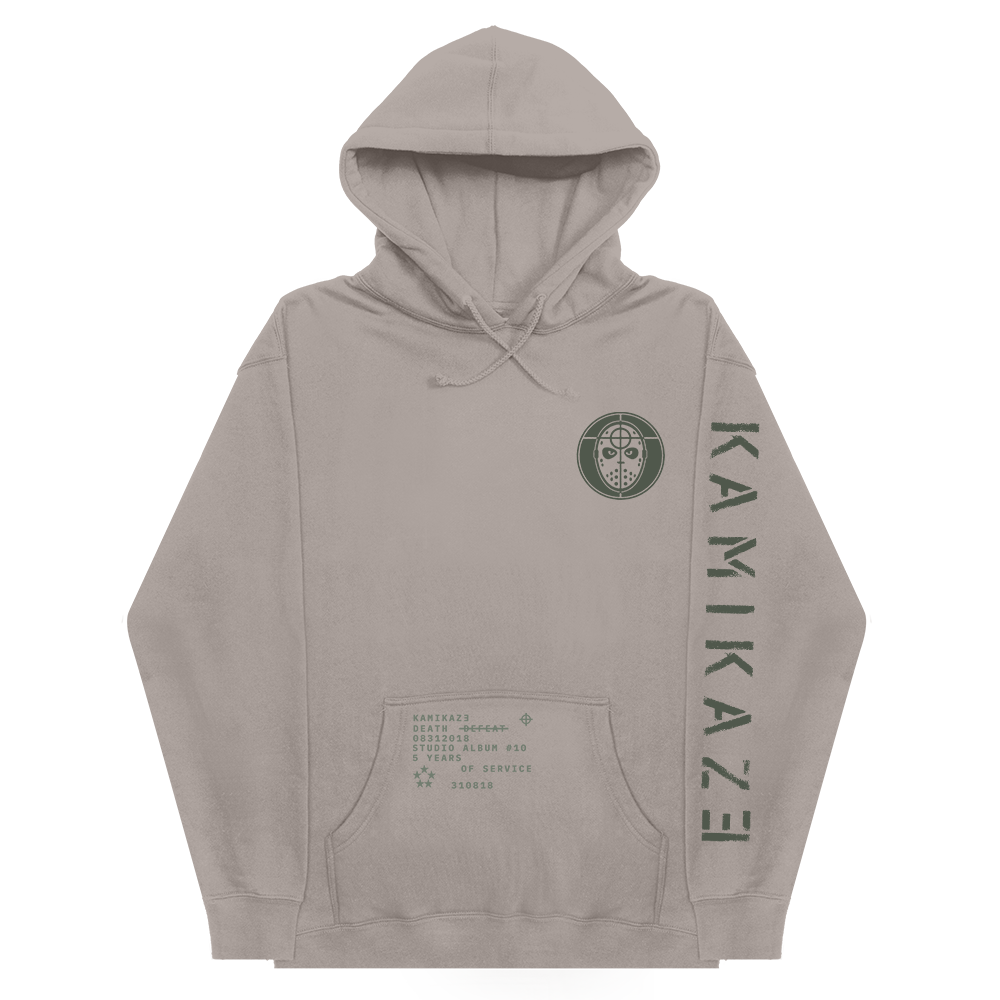 Front of the grey Eminem Kamikaze Mask hoodie with crest print and Kamikaze sleeve text