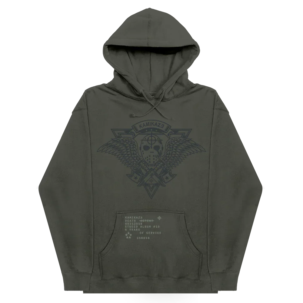 Olive green Eminem Kamikaze Crest hoodie laid flat with tonal crest and text prints