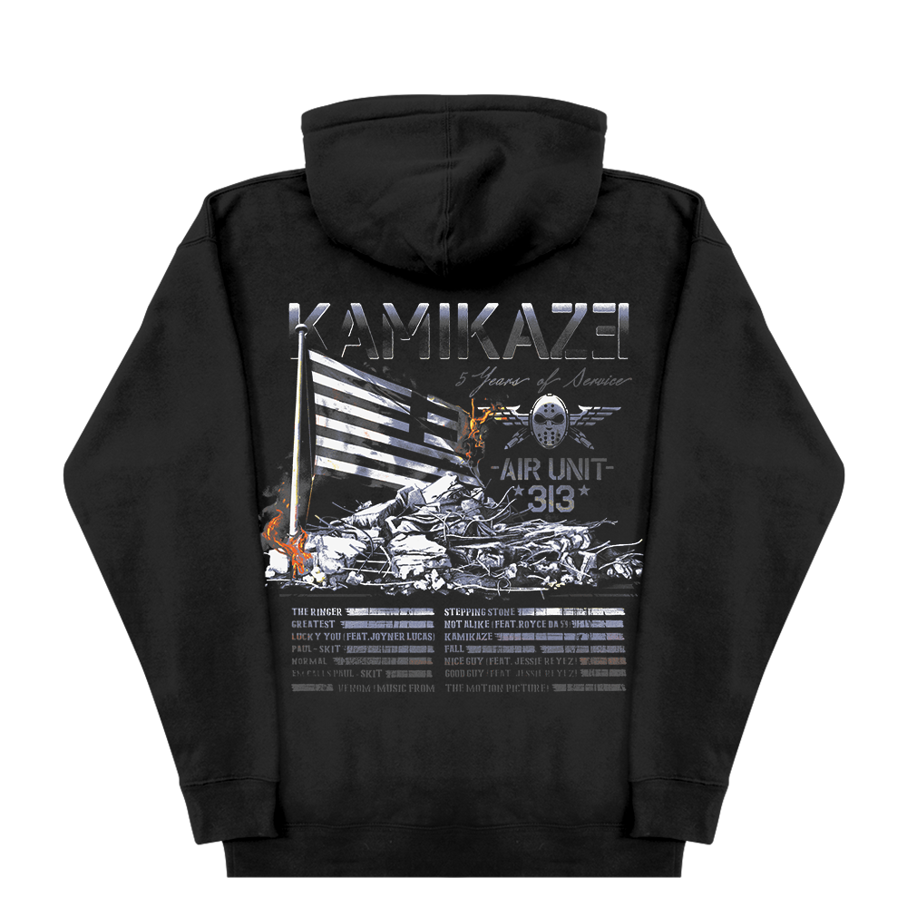 Back of the black Eminem Kamikaze Flag hoodie with fighter plane and flag graphic