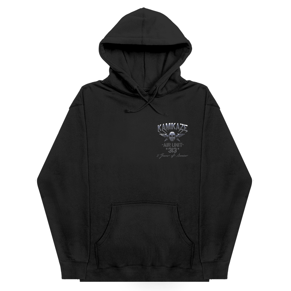 Front of the black Eminem Kamikaze Flag hoodie with small white crest chest print