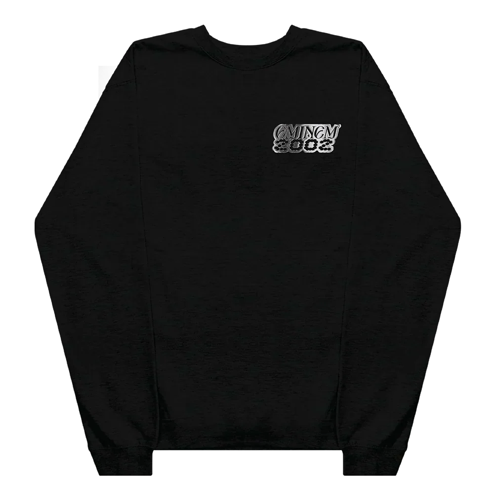 Front of the black Eminem Show Chrome Logo crewneck with small chrome chest print