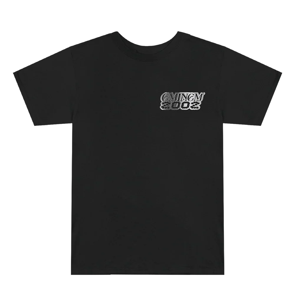 Front of the black Eminem Show Chrome Logo T-shirt with small chrome chest print