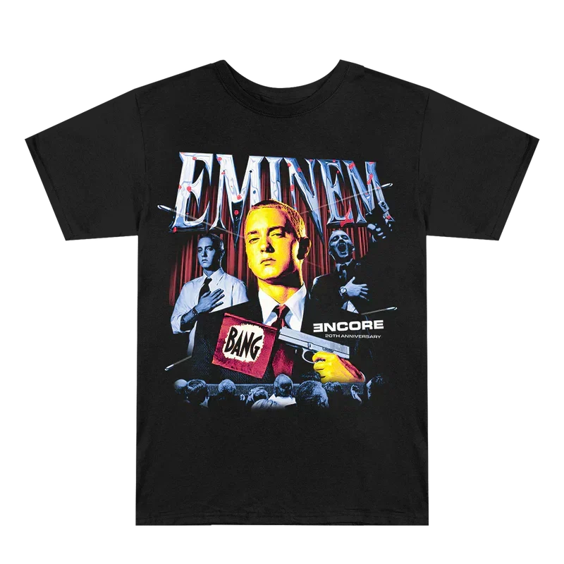 Black Eminem Encore 20th Bang Flag T-shirt flat lay with red logo and Encore collage art