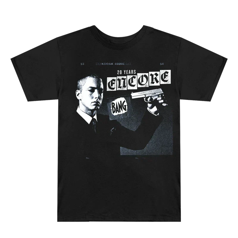 Black Eminem Encore 20th Clippings T-shirt flat lay with newspaper clipping collage print