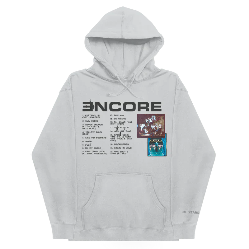 Grey Eminem Encore 20th Anniversary hoodie flat lay with Encore logo and track list print