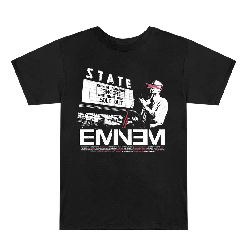 Black Eminem Encore 20th Dynamite T-shirt flat lay with State newspaper art and Eminem logo