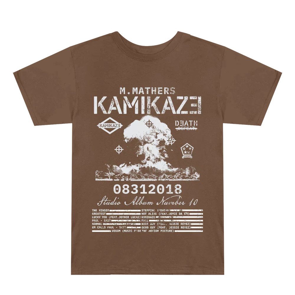 Rust red Eminem Kamikaze T-shirt flat lay with mushroom cloud art and 08312018 date print