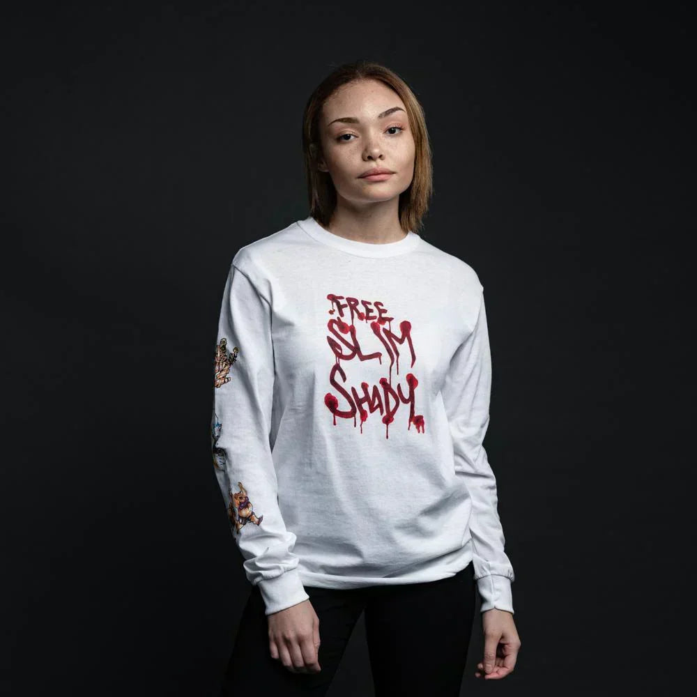 Woman wearing the white Eminem Free Slim Shady long sleeve shirt with red graffiti print