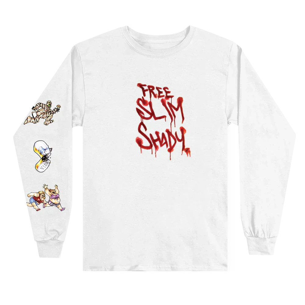 White Eminem Free Slim Shady long sleeve flat lay with red script and illustrated sleeve prints