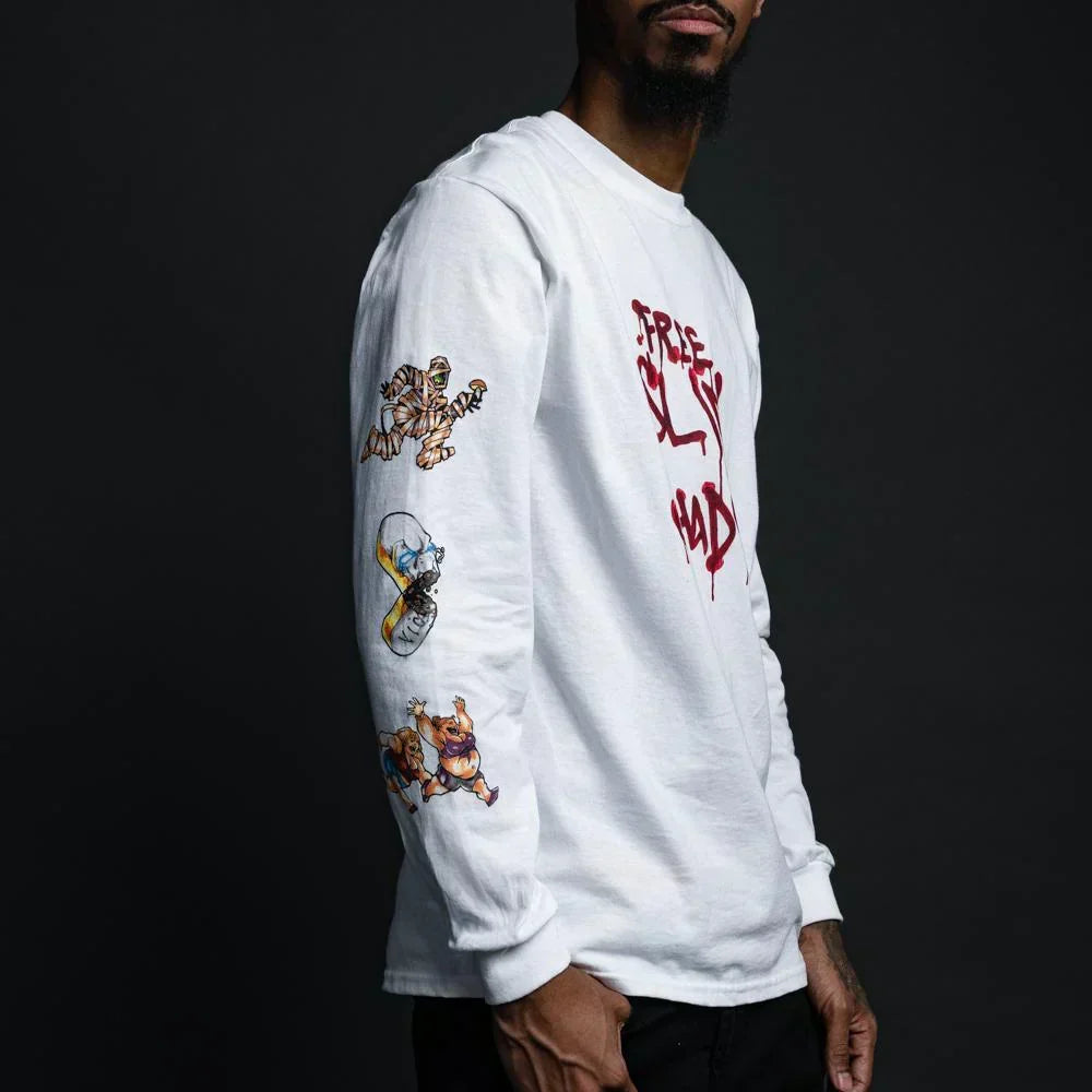 Sleeve and chest print detail on the white Eminem Free Slim Shady long sleeve shirt