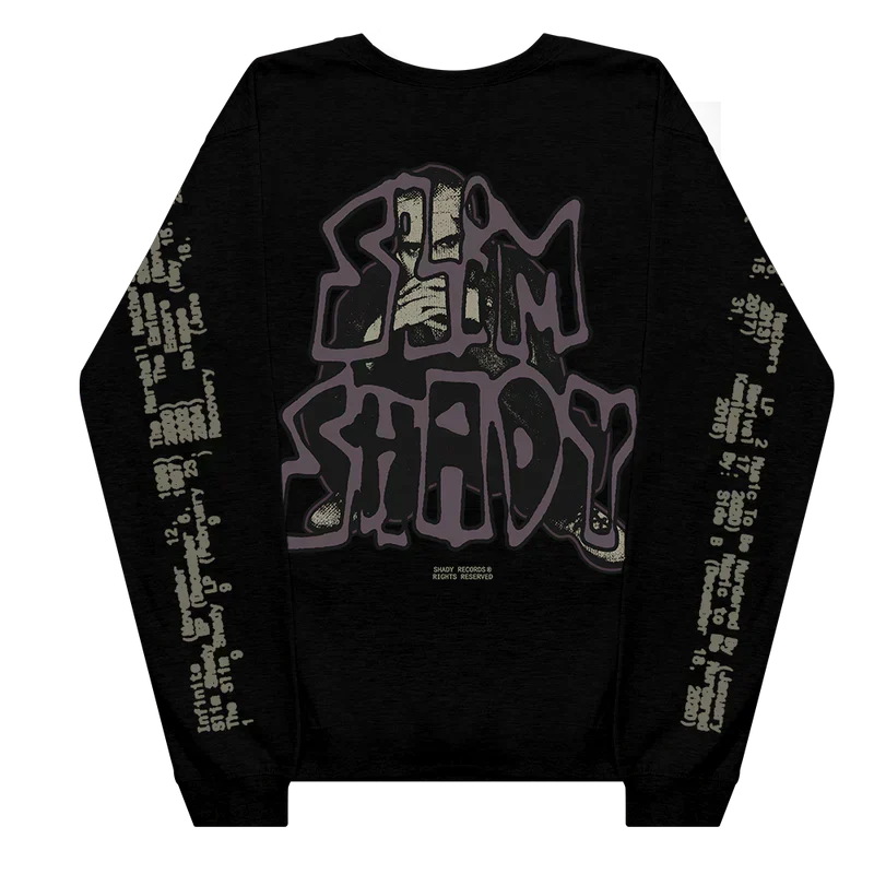 Back of the black Eminem Graffiti Slim crewneck sweatshirt with graffiti tag artwork